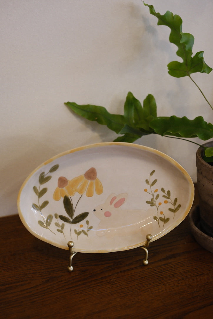 Little Nooks Ceramics | Handcrafted Ceramic Plate with Bunny, Flowers & Plants