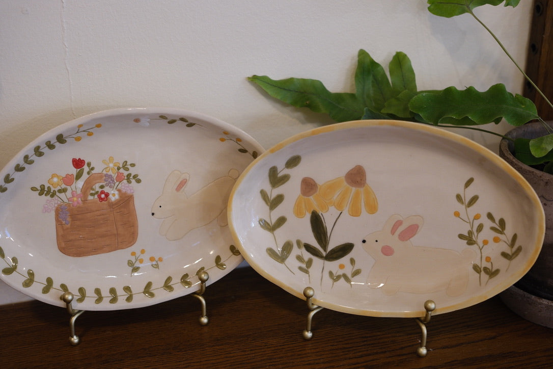 Little Nooks Ceramics | Handcrafted Ceramic Plate with Bunny, Flowers & Plants