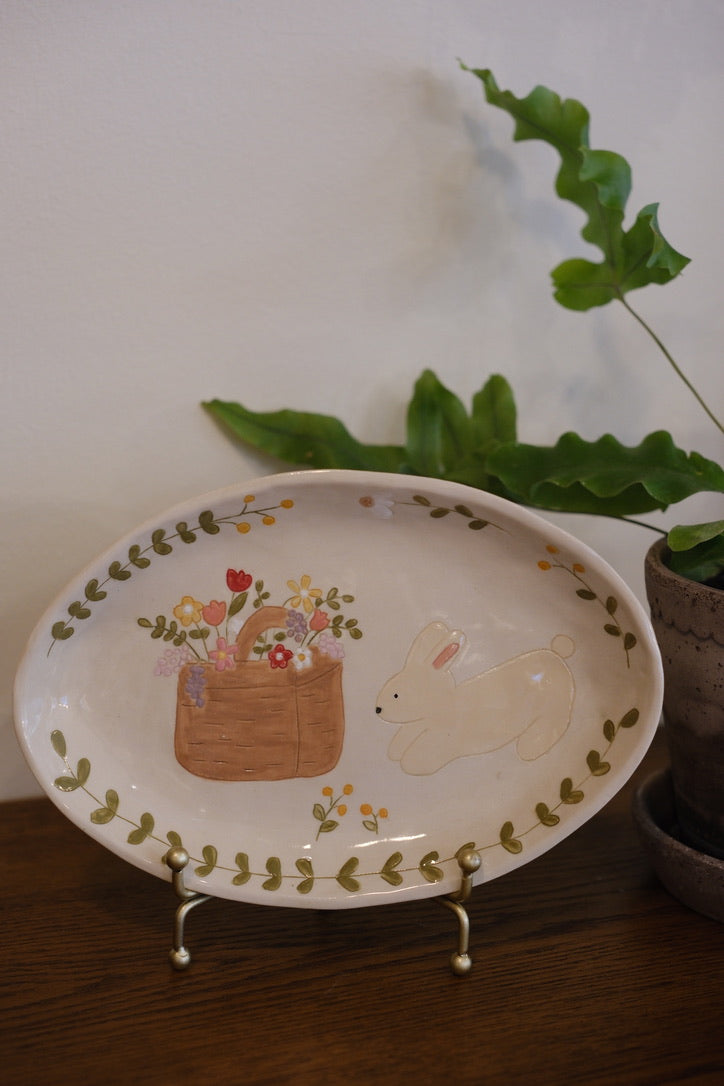 Little Nooks Ceramics | Handcrafted Ceramic Plate with Bunny, Flowers & Plants