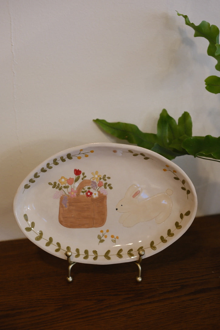 Little Nooks Ceramics | Handcrafted Ceramic Plate with Bunny, Flowers & Plants