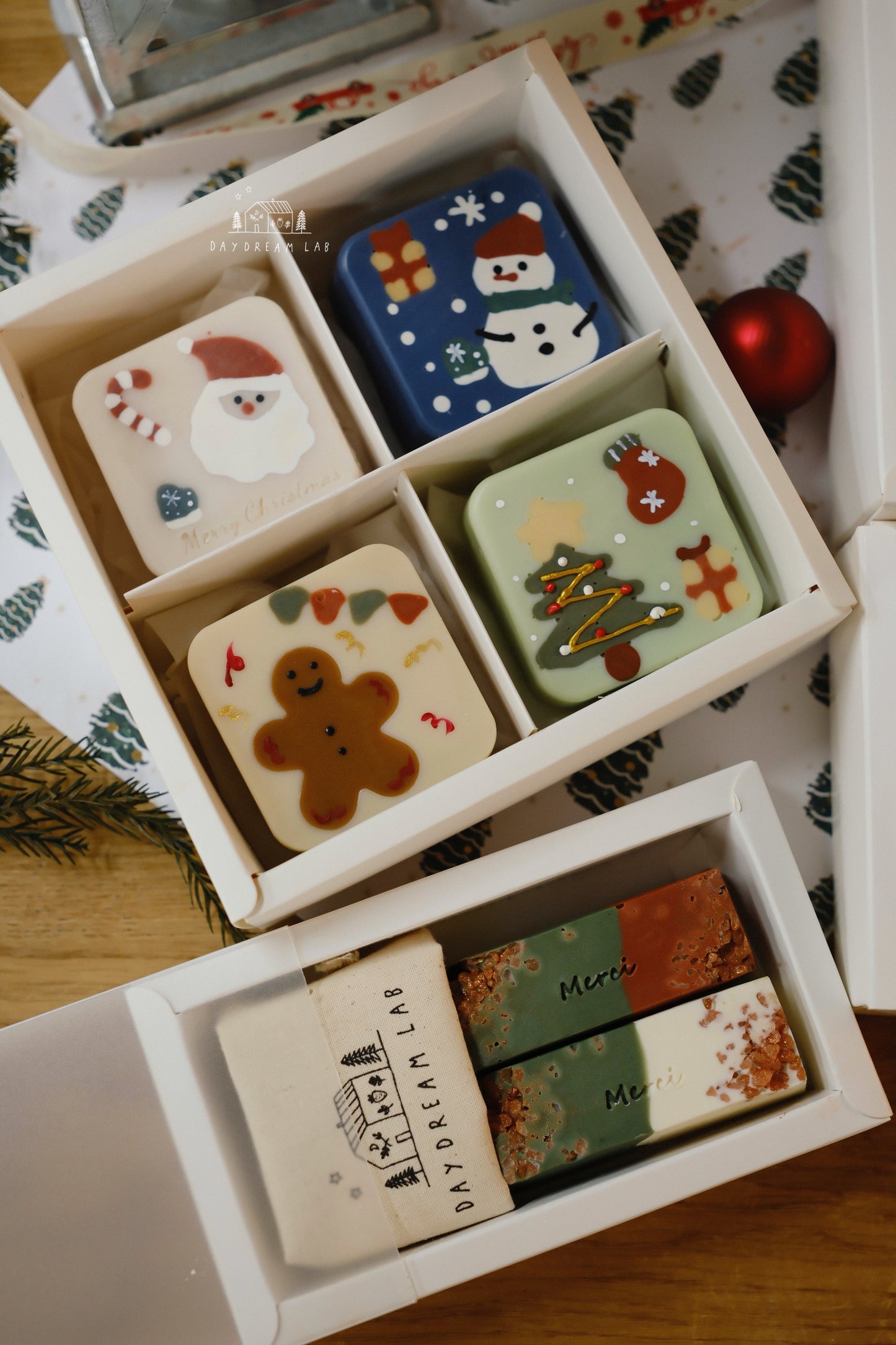 Christmas Cold Process Soap Gift Box - Hand drawn Classic Christmas Soaps (small square one)