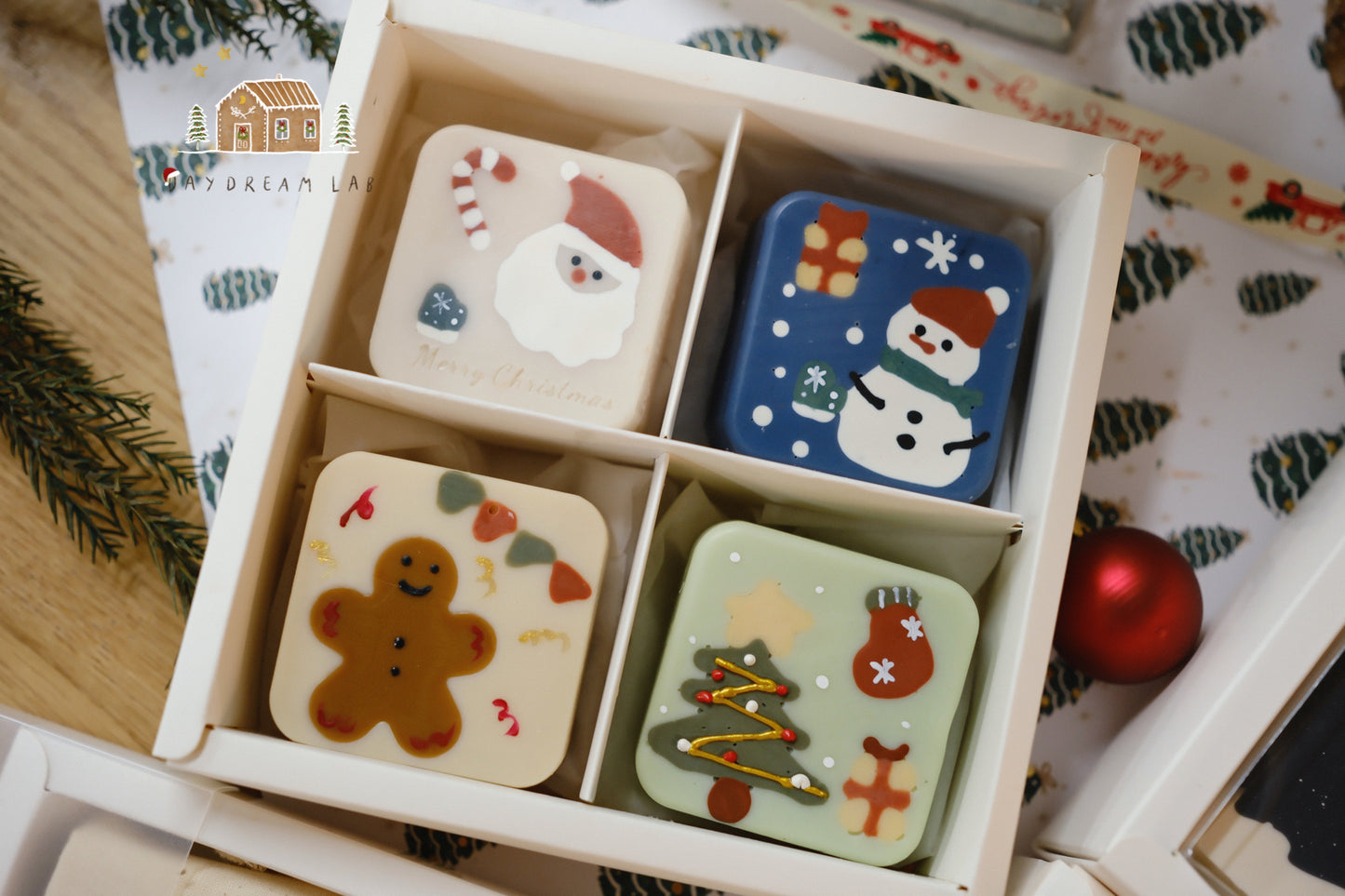 Christmas Cold Process Soap Gift Box - Hand drawn Classic Christmas Soaps (small square one)