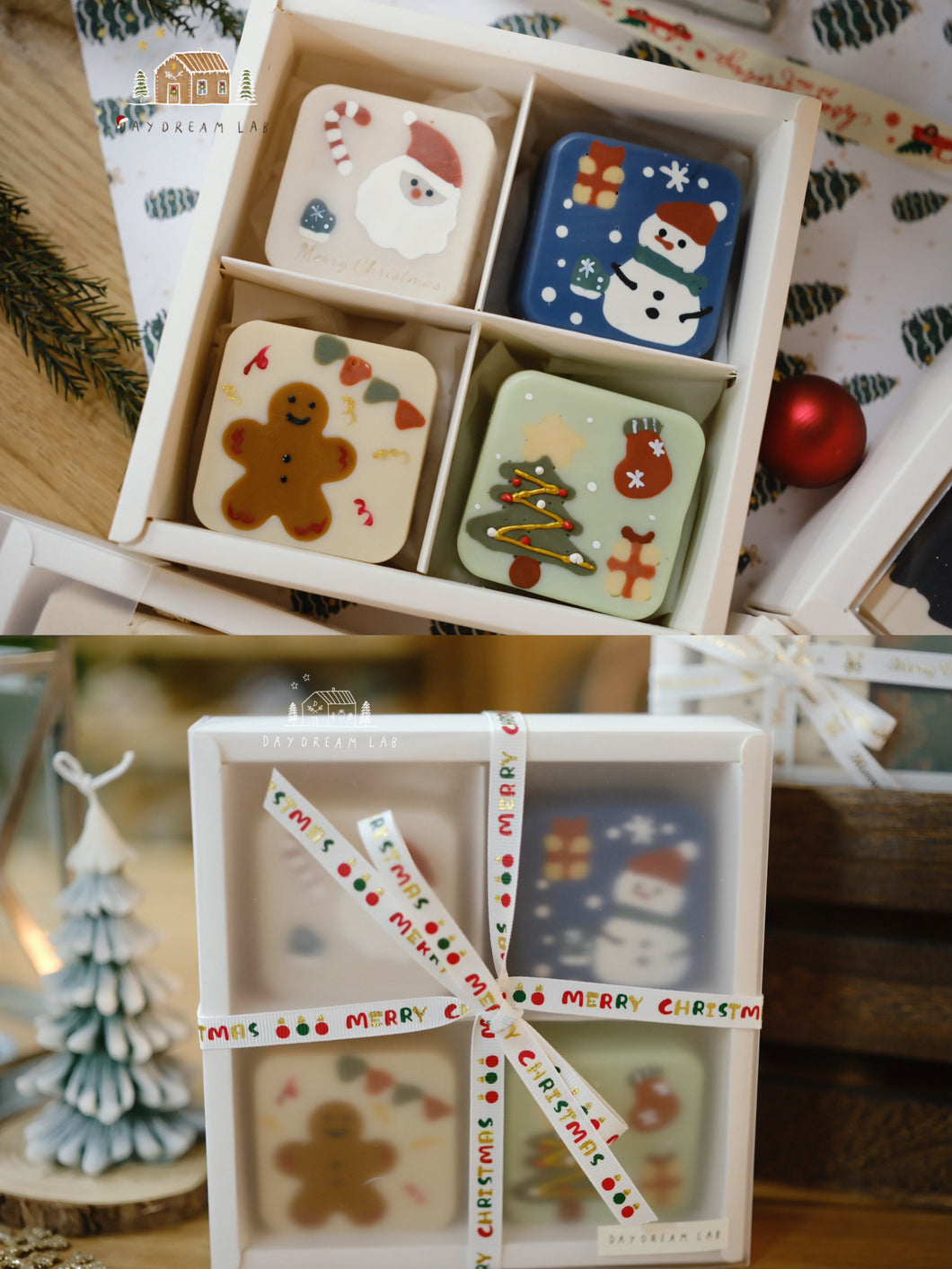 Christmas Cold Process Soap Gift Box - Hand drawn Classic Christmas Soaps (small square one)
