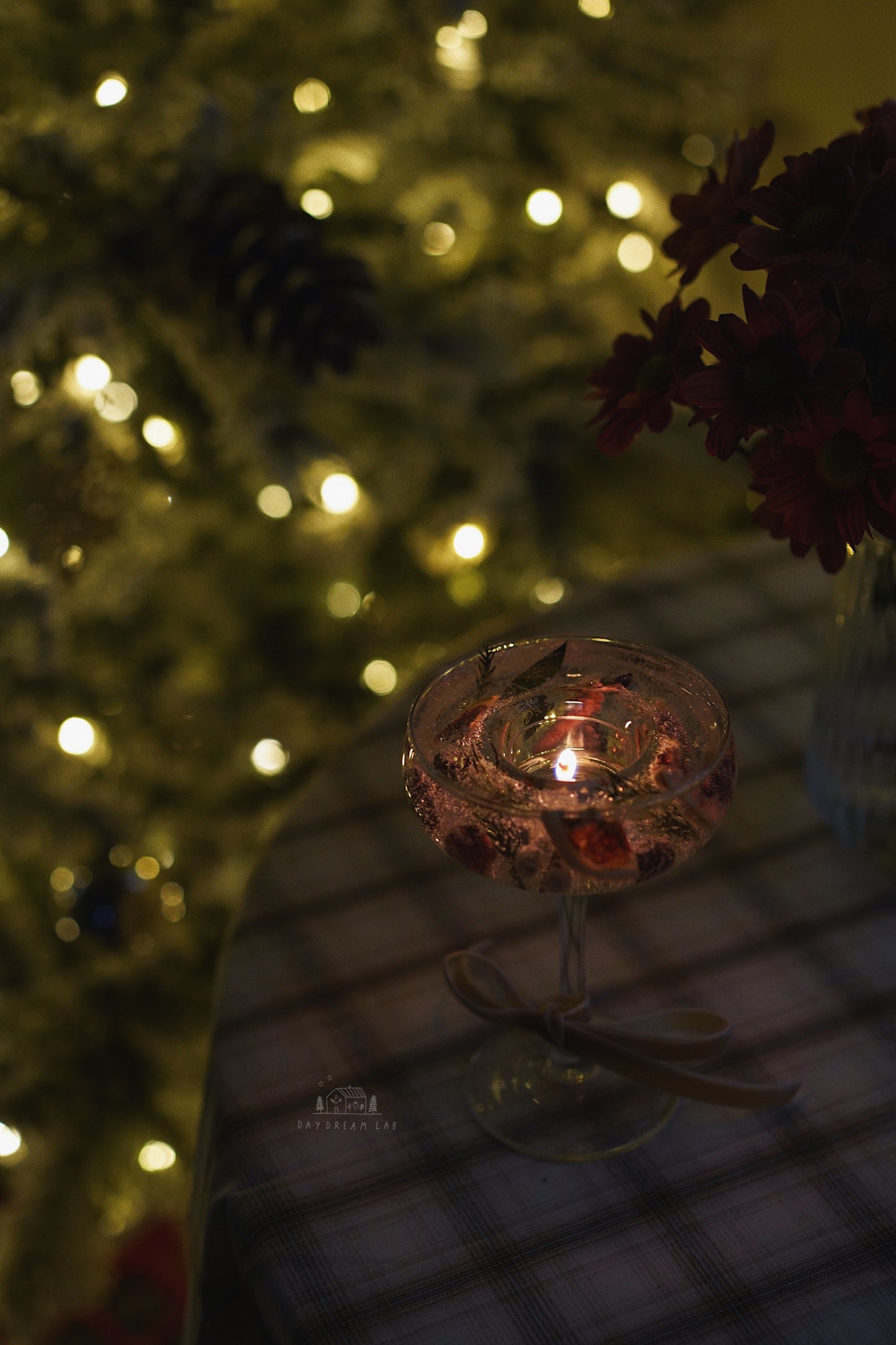 Winter themed dried flower hurricane candle holder