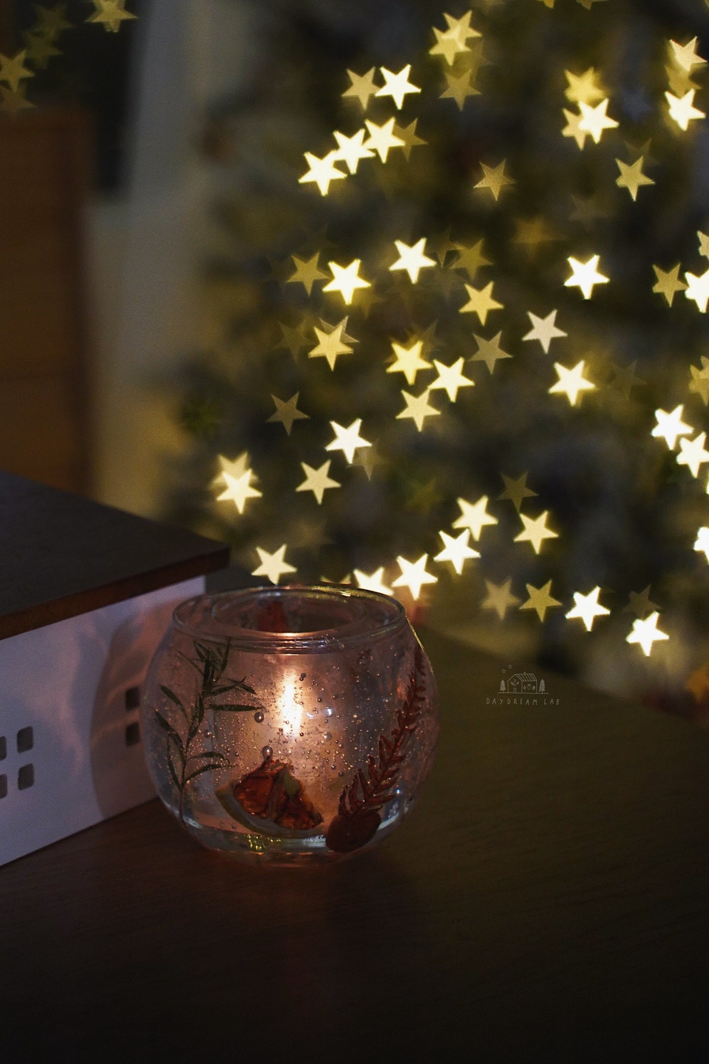 Winter themed dried flower hurricane candle holder