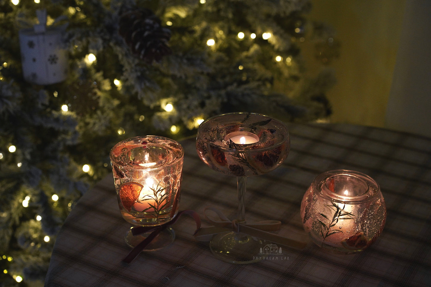 Winter themed dried flower hurricane candle holder