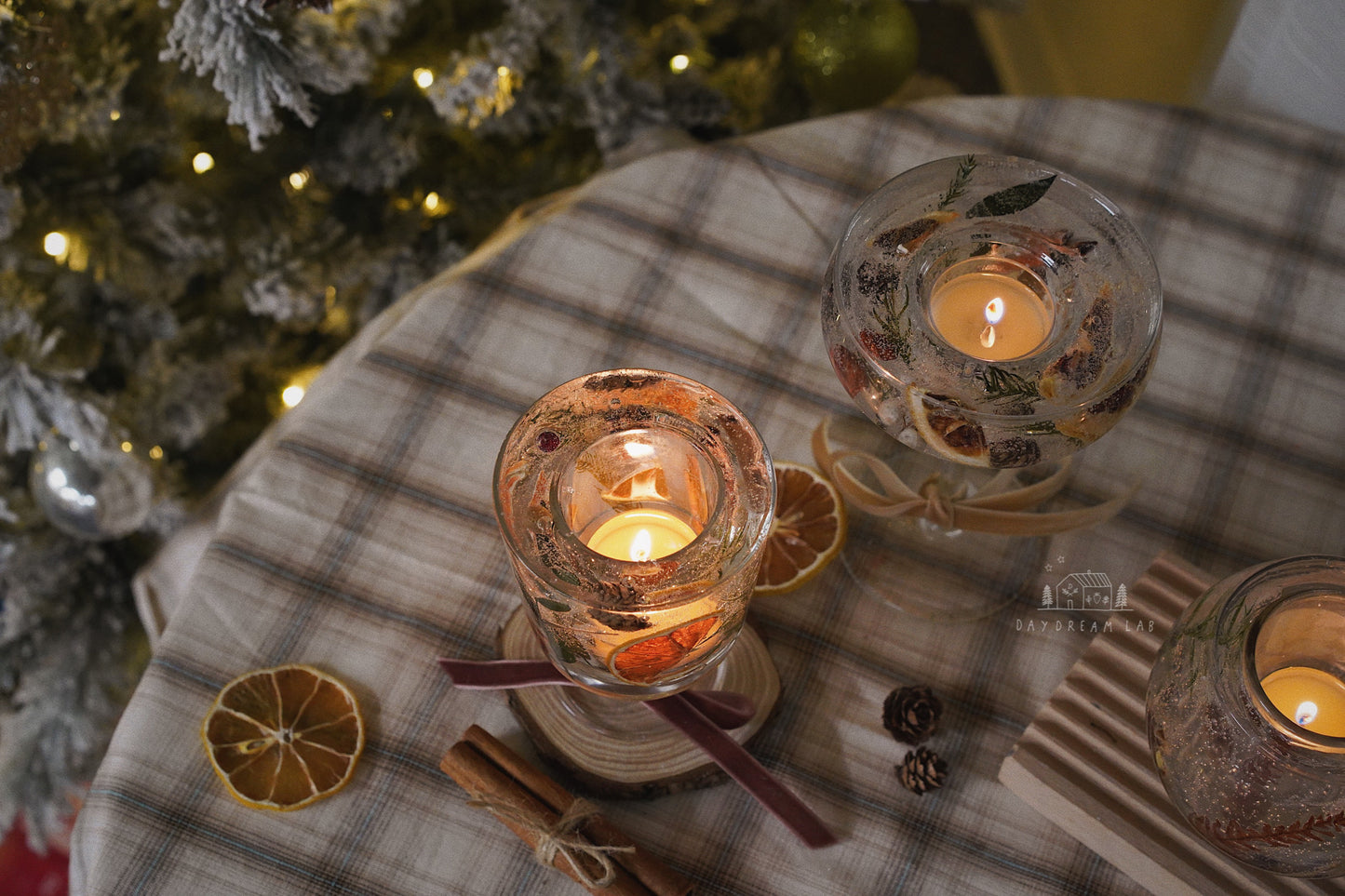 Winter themed dried flower hurricane candle holder