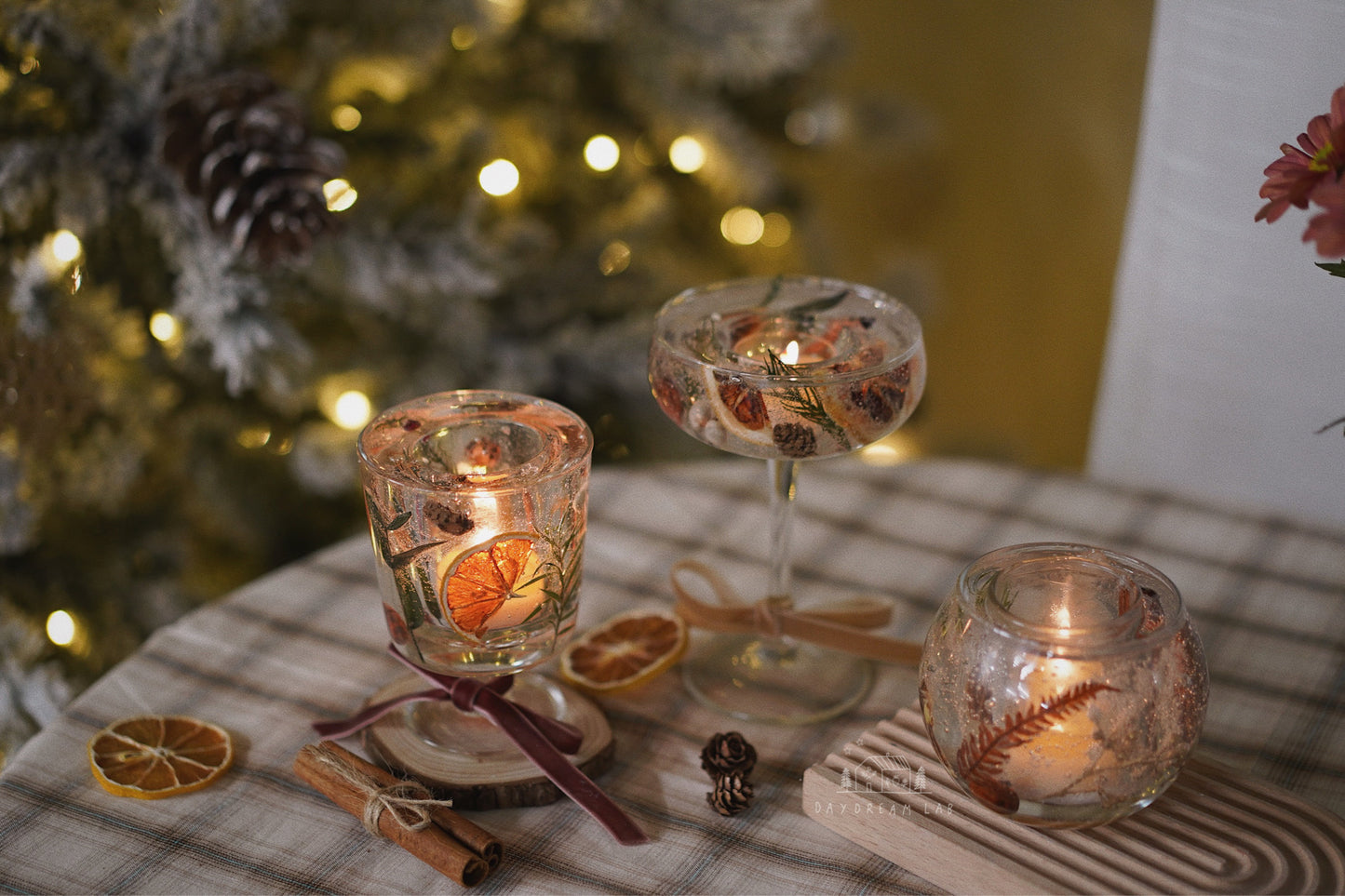 Winter themed dried flower hurricane candle holder