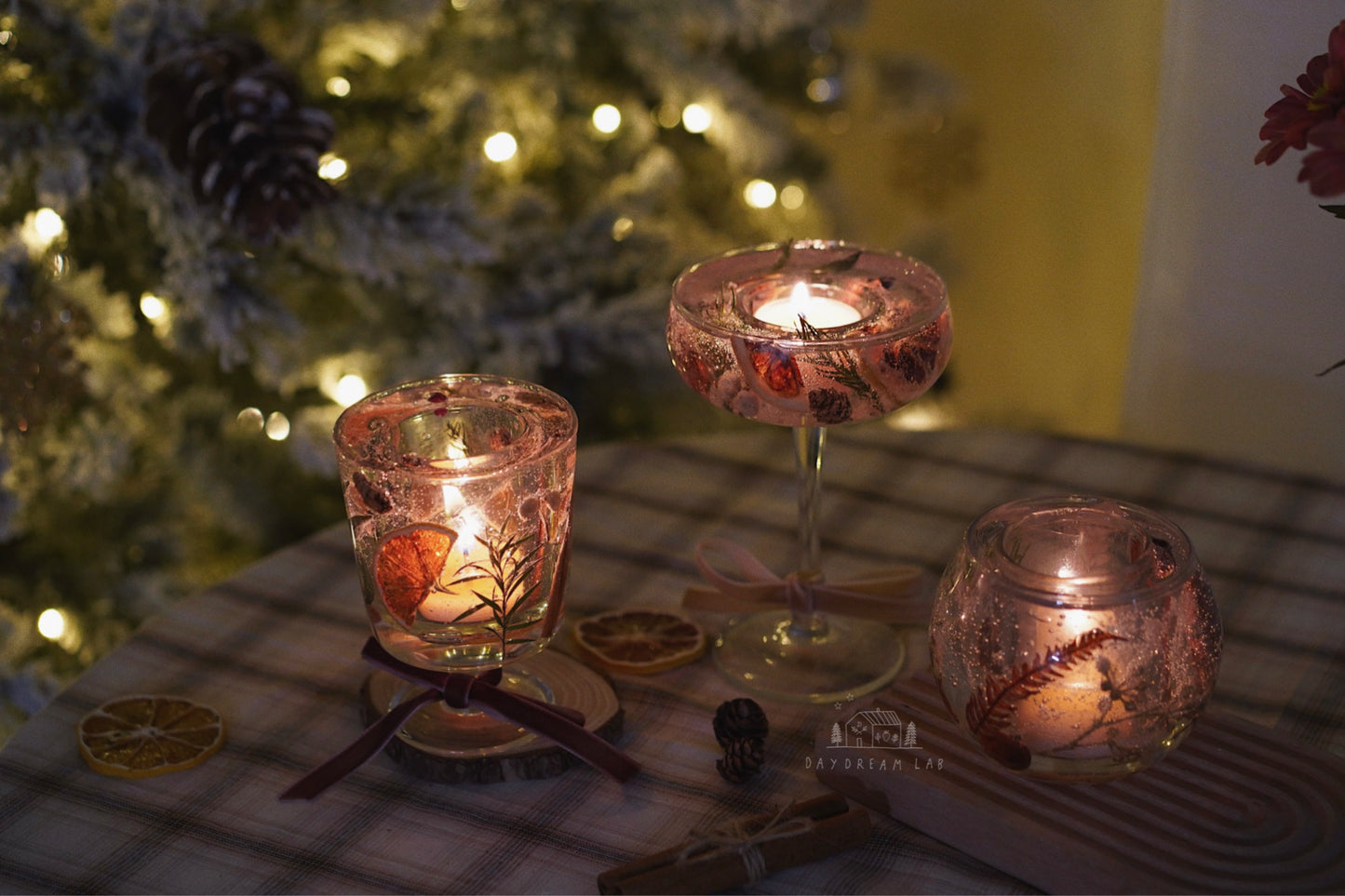 Winter themed dried flower hurricane candle holder