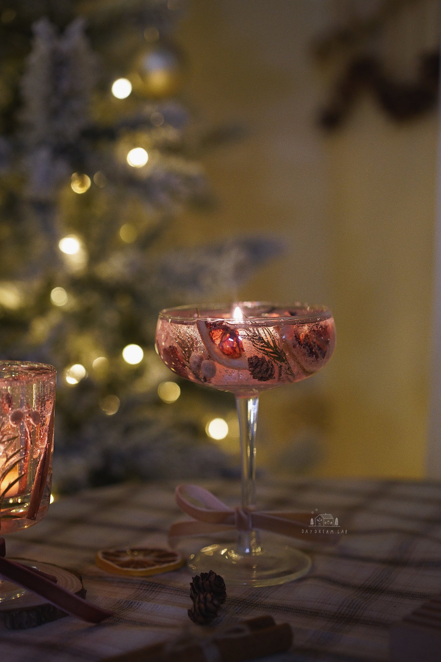 Winter themed dried flower hurricane candle holder